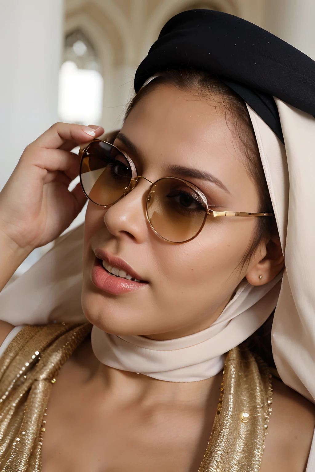 russian milf, perfect and clear eyes, sunglasses, wearing hijab, in Arabian palace, small sized tits, big ass, candid photography, long shot, realistic, detailed skin texture, vibrant colours, great exposure, cinematic