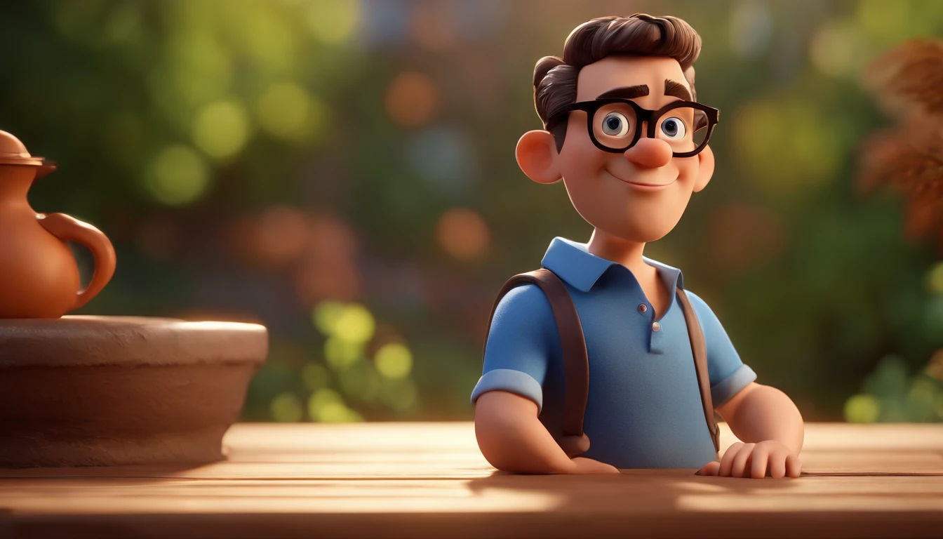 Cartoon character of a man with black glasses and a blue shirt, animation character, Caractere estilizado, animation style rendering, 3D estilizado, Arnold Maya render, 3 d render stylized, toon render keyshot, Personagem 3D, Personagem 3D, 3d rendering stylized, 3 d character render, personagem de desenho animado, Personagem de close up, Pose de personagem, (Estilo Pixar) (master part:1.2) (Bokeh) (best quality) (pele detalhada) (textura detalhada) (8k) (argila) (Cinematic lighting) (foco nítido