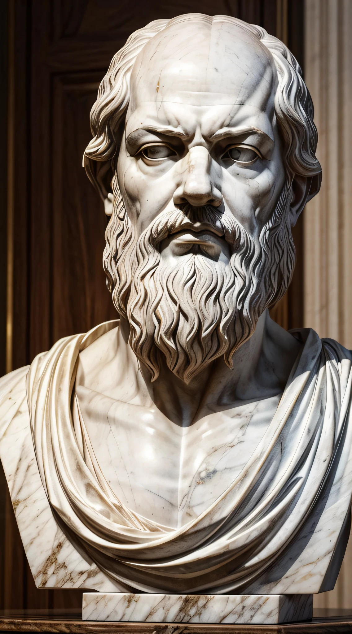 A stunning marble bust of Socrates, with every chiseled feature perfectly captured in intricate detail. The stern expression on his face exudes an undeniable sense of authority and ambition, while the profound facial lines add depth and character to the piece.