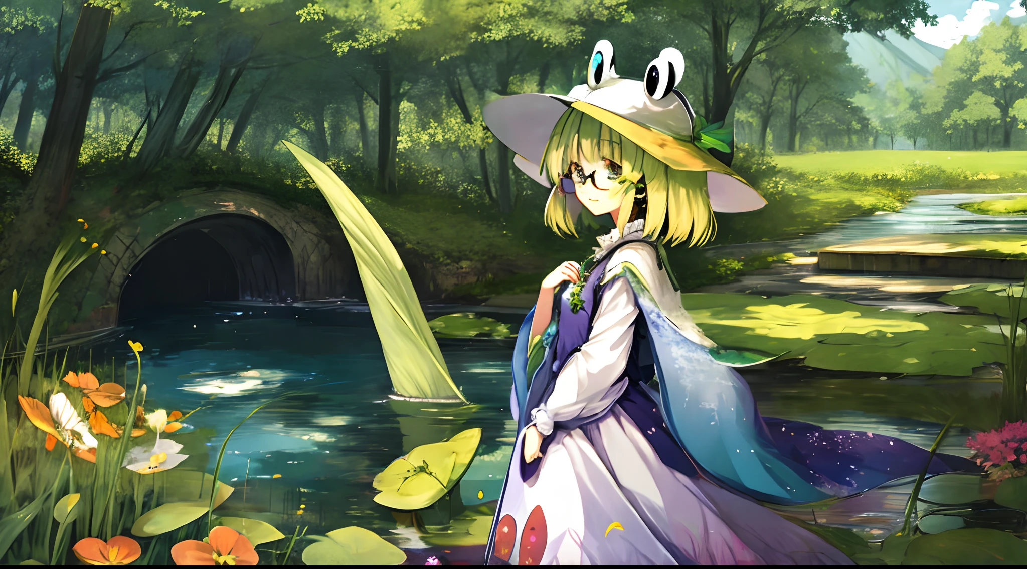 Suwako Moriya, touhou project, hat with frog eyes, one girl, glasses