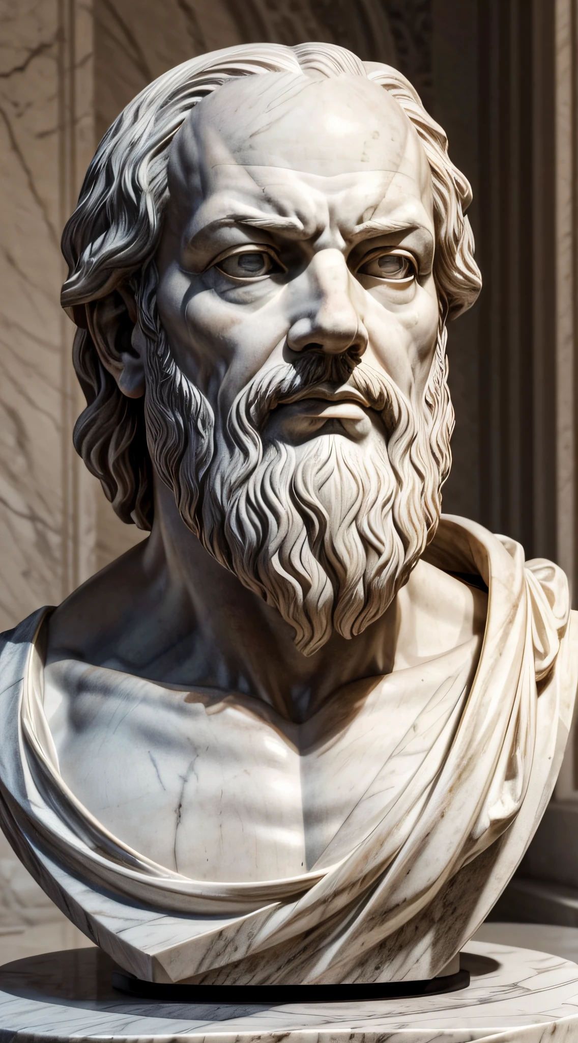 A stunning marble bust of Socrates, with every chiseled feature perfectly captured in intricate detail. The stern expression on his face exudes an undeniable sense of authority and ambition, while the profound facial lines add depth and character to the piece.
