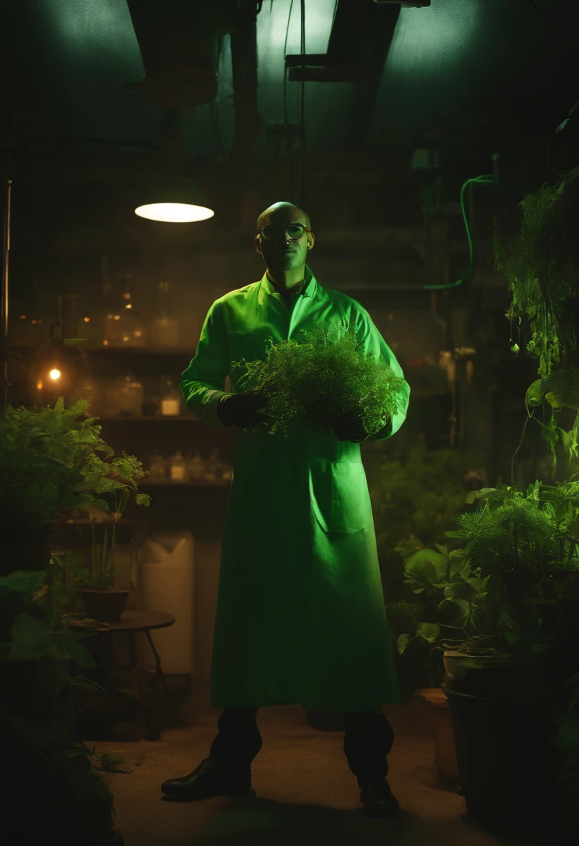 Image of a green-skinned male scientist standing in a lab in a dark basement house with plants sticking out of his body, Scary Organic Cyborg