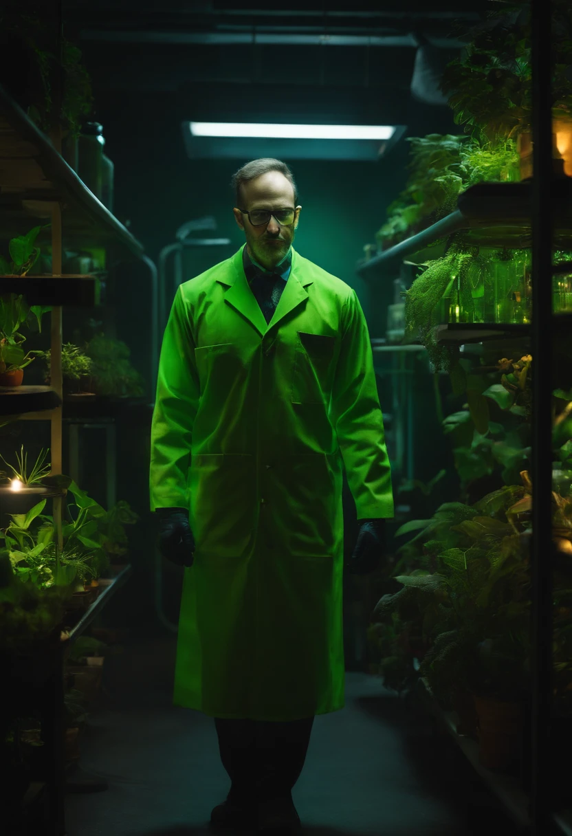 Image of a green-skinned male scientist standing in a lab in a dark basement house with plants sticking out of his body, Scary Organic Cyborg