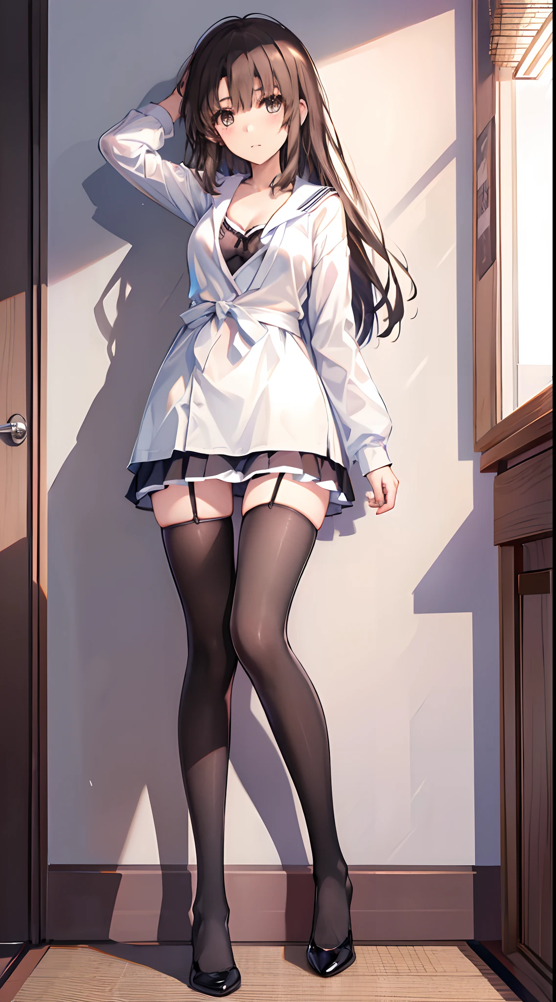 Mature and slender body shape１Japan of people１６Year old girl、独奏、Long brown hair that is slightly disheveled、Full body from head to leg、Composition from slightly below、Standing facing the front、small tits、High school girl in underwear、Black tights、White bra、white  panties、Black pantyhose、(Black_pantyhose):1.2)、Show white panties through stockings、Wearing black pumps、Bedrooms、inside in room、during daytime、blushing、looking at the viewers、Panchira、Composition from the front、watching at viewers、Slender feet、Slender thighs、White panties are visible