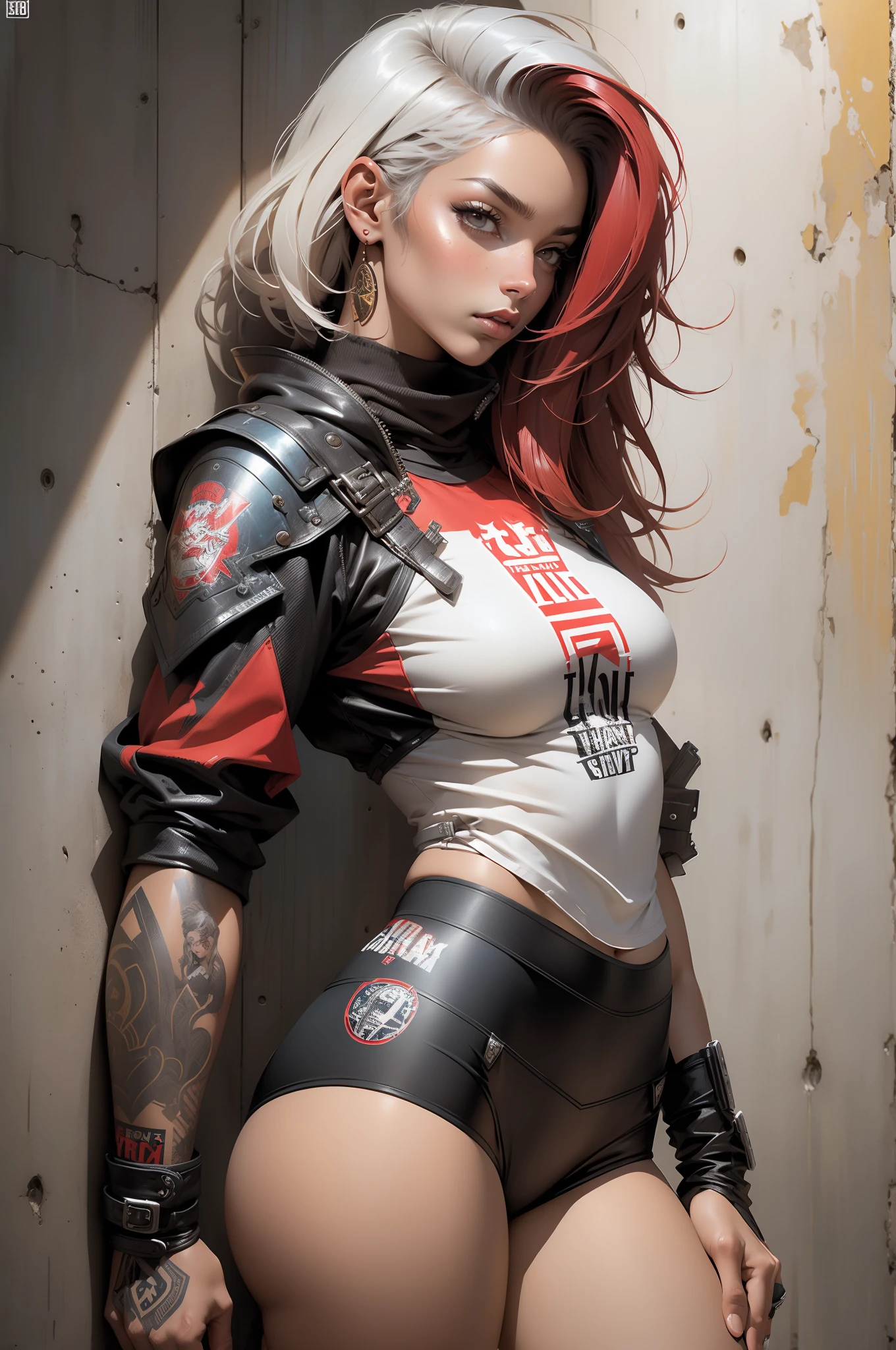 (((mulher))), (((melhor qualidade))), (((obra prima))), (((adulto))), (((1girl))), ((( corte de cabelo bob ))), A 25-year-old Asian woman cyberpunk gladiator with perfect body, shoulder pads with metal spines, Gladiadores do Brooklyn, (( corte de cabelo bob )), tiny leather panties, camiseta de time de rugby rasgada, quase nua no estilo selvagem urbano de Simon Bisley para a capa da revista Heavy Metal, Cabelo loiro curto, Minimum clothing, Metal protection on the left arm with intricate graphics, Dark red with white stars and zigzag striped pattern, azul marinho e branco, armadura, cheio de espinhos, (((do joelho pra cima))), cabelos loiro branco curto, no fundo uma parede pintada por Shepard Fairey com um design intrincado