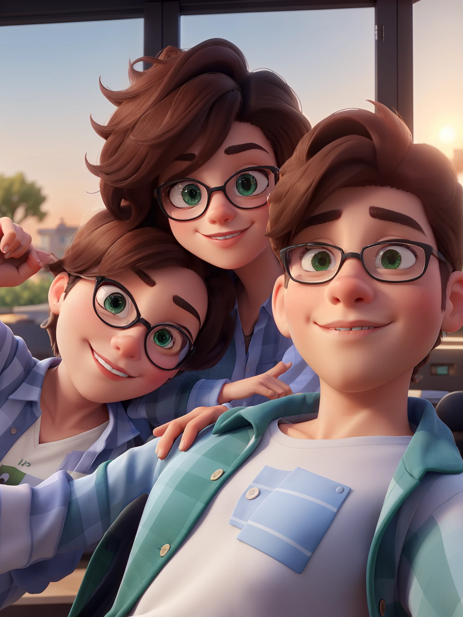 they are posing for a picture in a crowded area with people, leaked photo, leaked image, lovely couple, with sunset, 8k selfie photograph, friends 90 tv show, cartoon, perfect eyes, perfect color disney pixar, realistic, perfect color disney pixar, realistic, ultra sharp, 8k, man wearing blue shirt & black tees, woman wearing whit shirt & green tees, black hair woman, brown hair man, black sunglasses, afternoon vibes, studio light