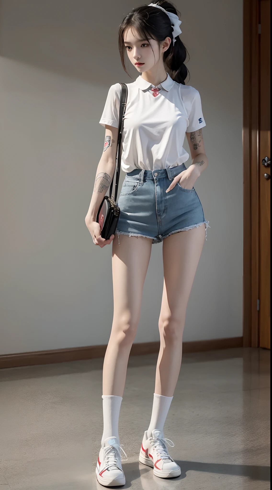 Masterpiece, Best quality, 1girll,stand posture,anatomy correct,JK uniform,White mid-tube socks,Tattooed with,Long ponytail hair,Accurate and delicate face,Accurate and perfect legs,Slender and slender figure,Skinny,Skinny,Smaller bust,There are tattoos on the legs,Converse shoes,bookbag