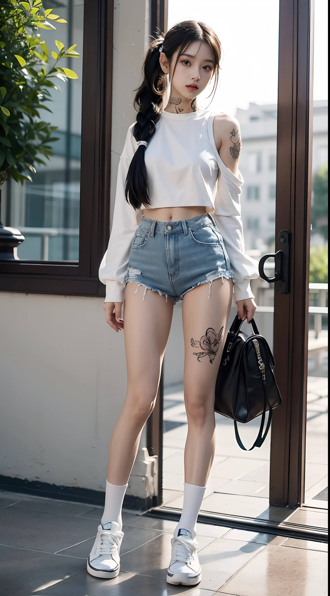 Masterpiece, Best quality, 1girll,stand posture,anatomy correct,JK uniform,White mid-tube socks,Tattooed with,Long ponytail hair,Accurate and delicate face,Accurate and perfect legs,Slender and slender figure,Skinny,Skinny,Smaller bust,There are tattoos on the legs,Converse shoes,bookbag