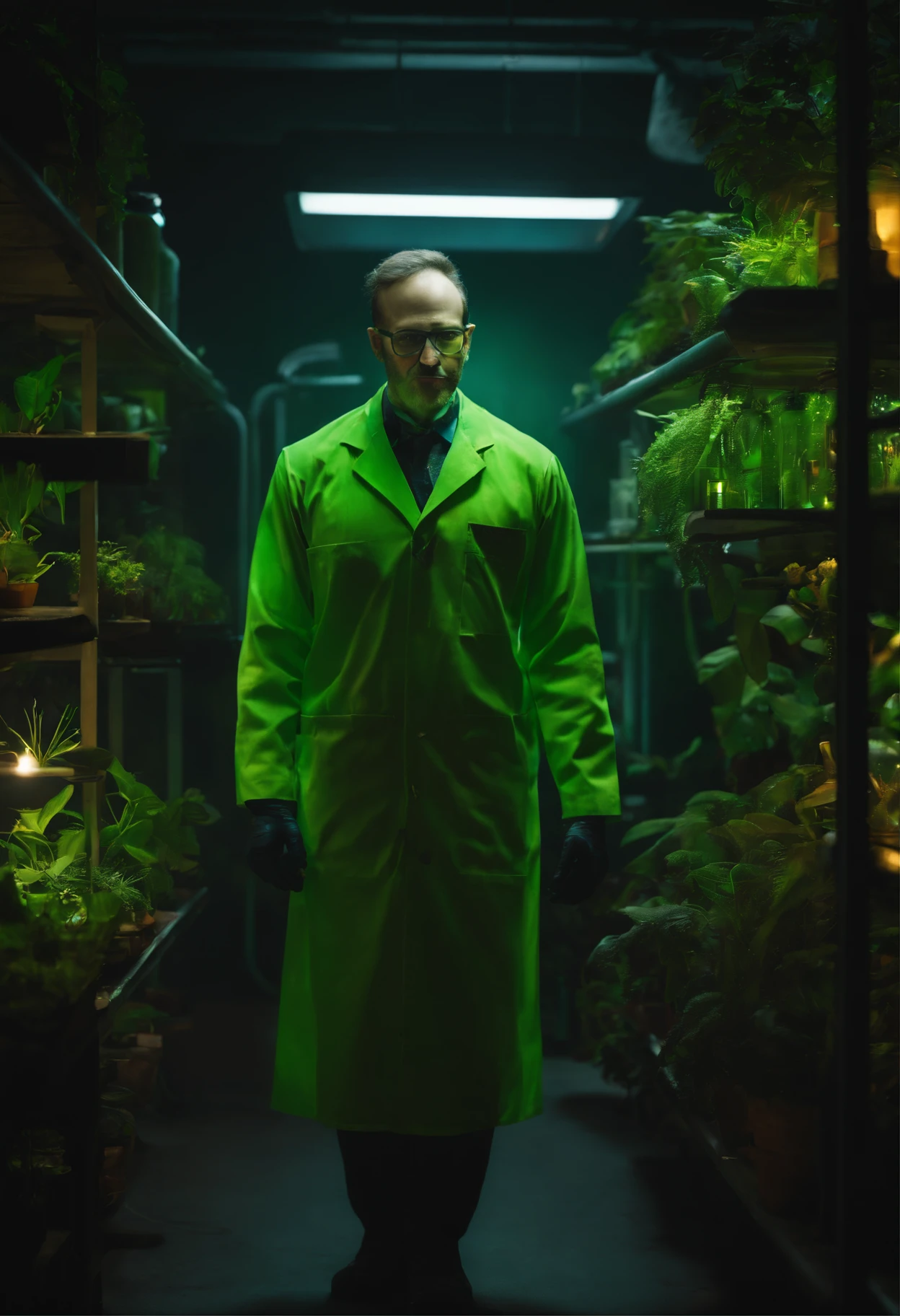 Image of a green-skinned male scientist standing in a lab in a dark basement house with plants sticking out of his body, Scary Organic Cyborg