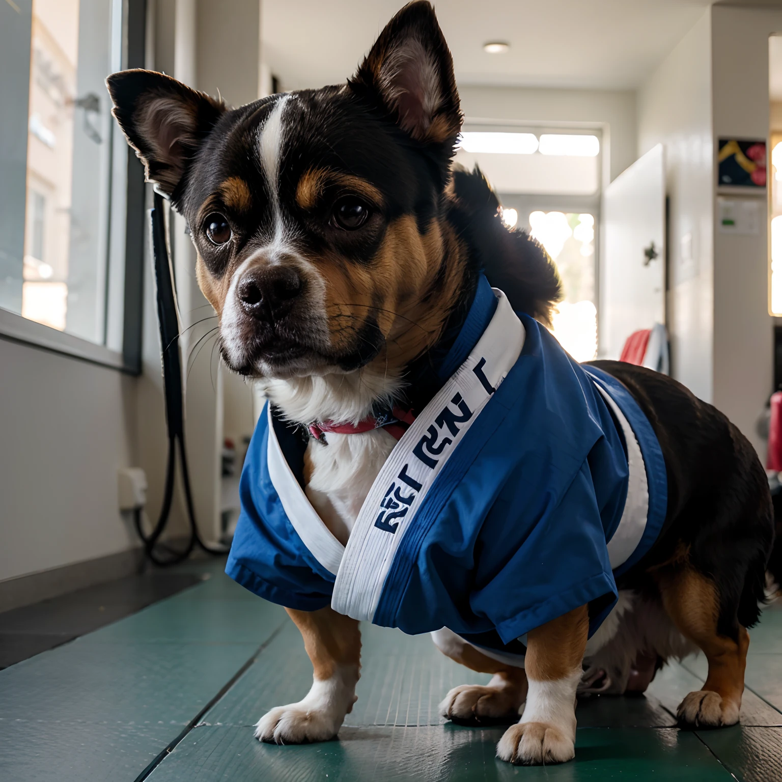 Make a caricature of a dog, wearing jiu jitsu kimono, 4k