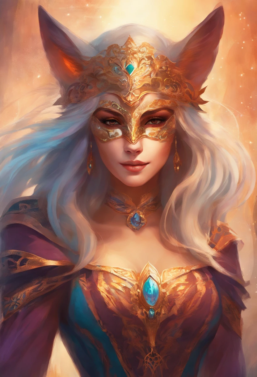 Create a female character in a sinister outfit and mask, with a cute domestication fox
