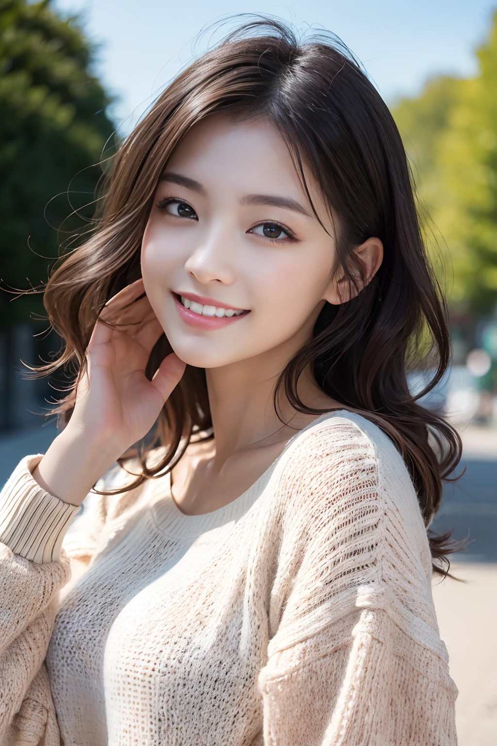 (8K,Raw photo、Raw photo、top-quality、Master masterpiece:1.2)、ultra-detailliert、Super Resolution、(Photorealsitic:1.3)、Angle to shoot from the front、Clearly draw shades of light、high resolution RAW color photos、professional photograpy、Same skin type as humans、Female proofreading of Japan from head to waist、Blur the background、Draws faithfully to anatomy、Very detailed and beautiful、Ultra-high image quality、long、Hair swaying and sexy、Very detailed beautiful girl、(Pink Eye Shadow)、smil、Park on a sunny day、Loosely curly hair、Sweaters、fluffly、laugh、