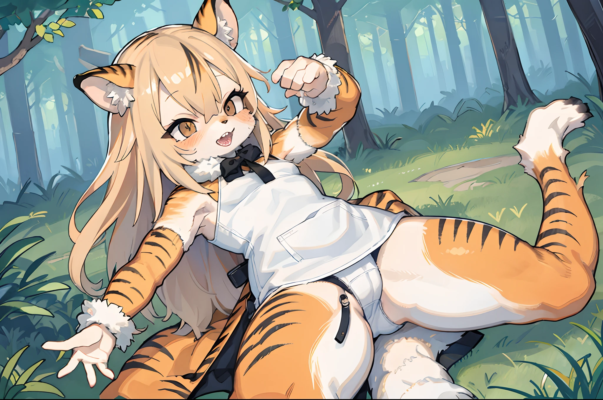 hairy juvenile female outdoor woodland animal tail tiger teeth animal facial features meat pad open mouth