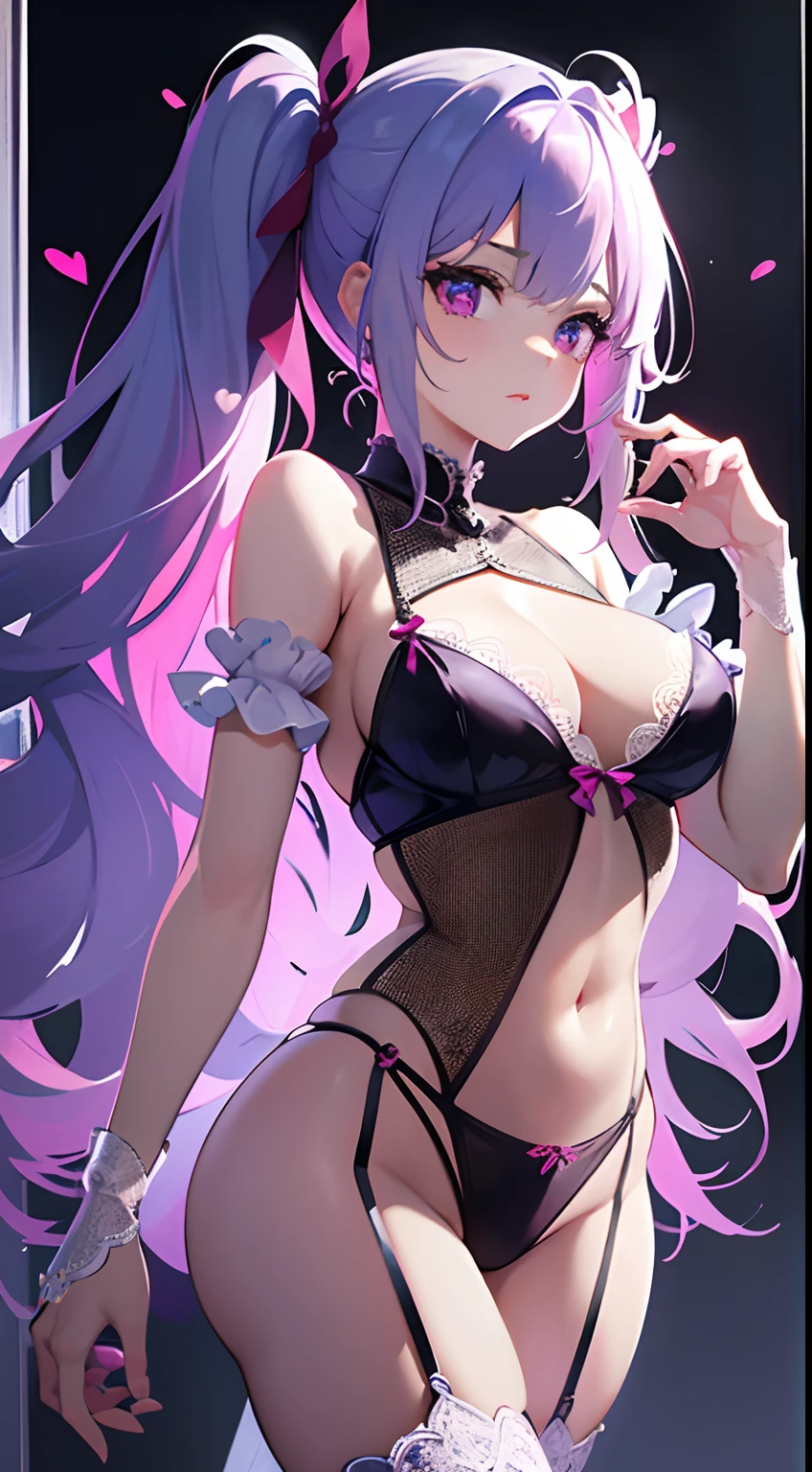 (masterpiece、top-quality、ultra-detailliert、Best Shadows)、(细致背景、Dark Fantasy)、(beautifull detailed face)、highly contrast、(The best lighting、extremely delicate and beautiful)、((Cinematic Light))、colourfull、Hyper-detailing、Dramatic light、intricate detailes、(1girl in、独奏、silber hair、Twintail、Sharp face、a purple eye、Pink ribbon、Detailed lace lingerie)、blood splattere、Frozen ruins、depth of fields、Particles of light、(Broken glass)、Blue Neon、lip stick、Glossy lips、Heart in the eye、Like glasswork、neon color、full body Esbian、in one's underwear only、Royal Lace Lingerie、Light red lingerie、purple neon、Detailed lace panties、sexy pose、Crystal Effects
