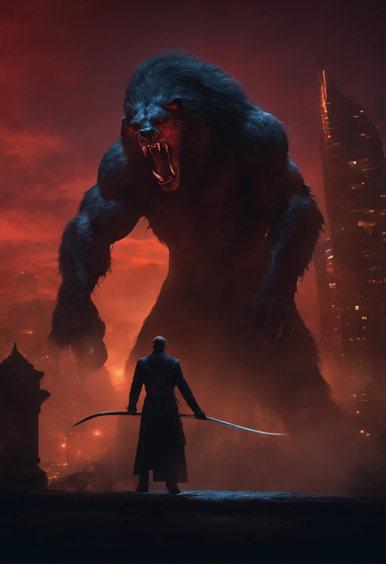 Man armed with a scythe battling a towering beast at night in the city