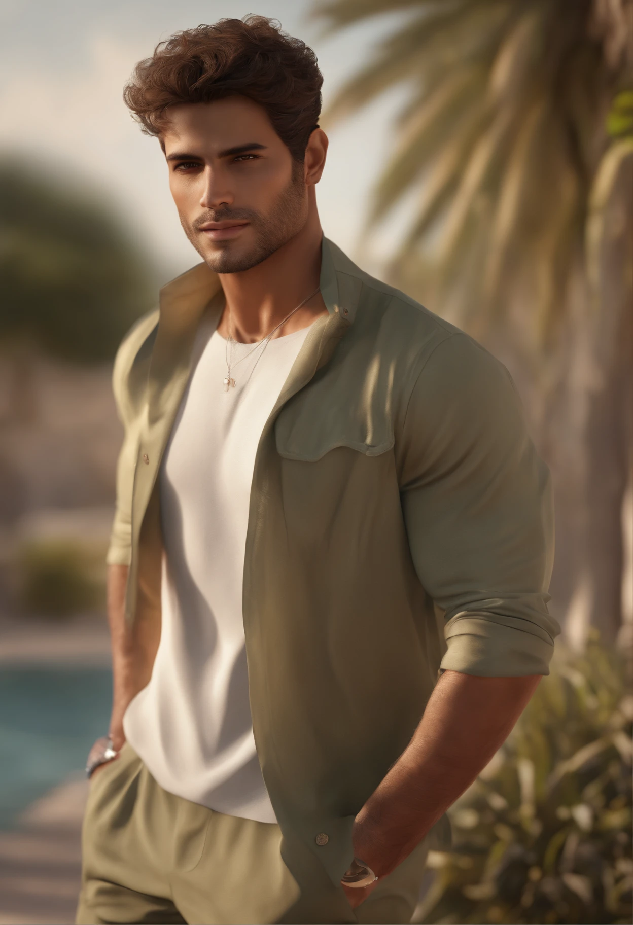Cinematic soft lighting illuminates an incredibly detailed and ultra-realistic Middle Eastern male supermodel, olhar para a praia, Ultra short messy light brown hair, olhos verdes claros, sorriso perfeito cativante, sensual, Homem quente, insanamente bonito, that is trending on ArtStation. Octane is the perfect tool to capture the softest details of this 16k photography masterpiece.