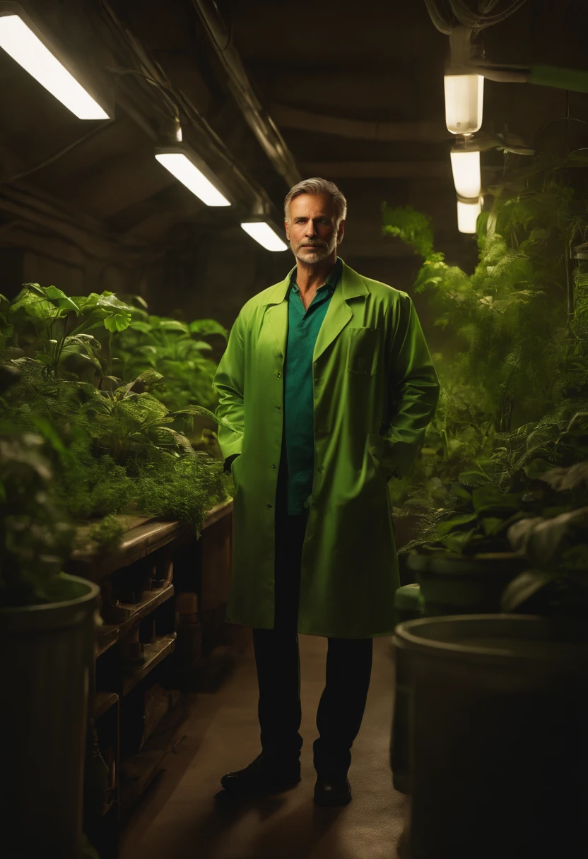 Image of a green male scientist standing in a laboratory in a dark basement house with plants coming out of his body, organic cyborg