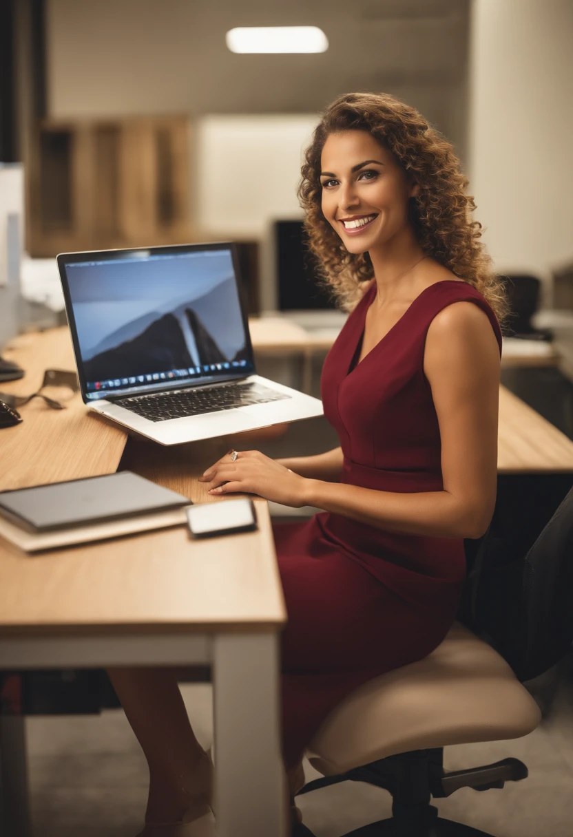 mulher sorridente sentada em uma mesa com um laptop e um computador, Amanda Lilleston, Amanda Clarke, sitting at desk, at office, Aninha Leibowit, sentado em uma mesa, sentado em uma mesa de computador, sentado em uma mesa, foto de marketing, Foto profissional detalhada, sitting behind desk, working in an office, sentou-se em sua mesa