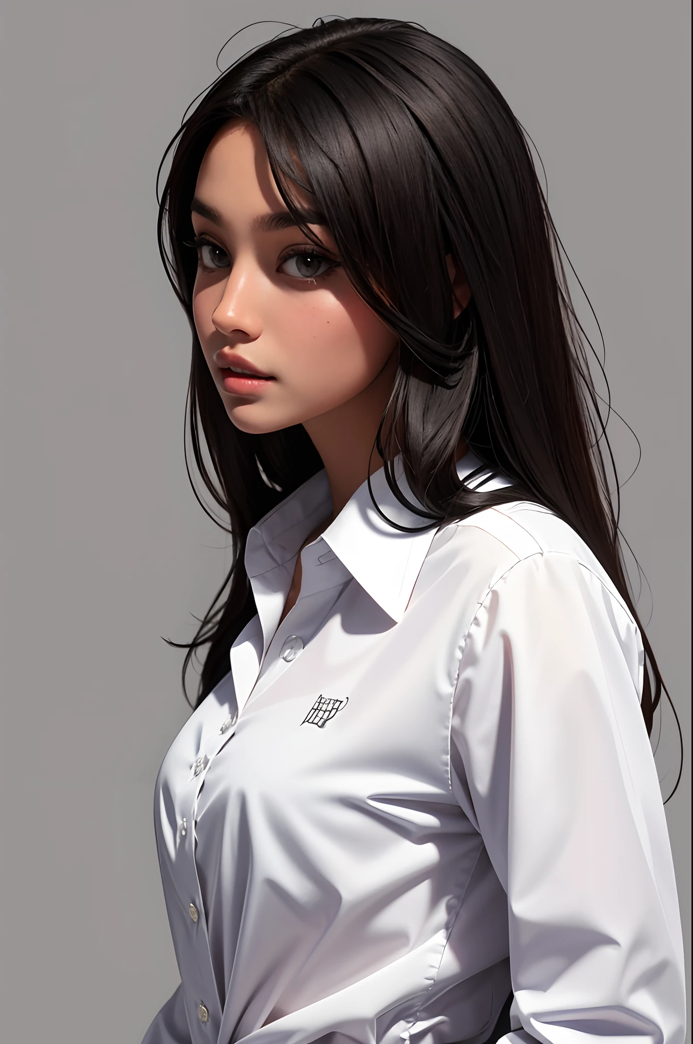 1girll, Solo, Long_Hair, Looking_at_peeping at the viewer, shirt, black_Hair, brown_Eyes, Closed_Mouth, White_shirt, The upper part of the body_Body, parted_Lips, collared_shirt, artist_names, Grey_Background, Blurry, black_Eyes, Lips, dress_shirt, Blurry_Background, watermarked, web_address, Realistic, nase