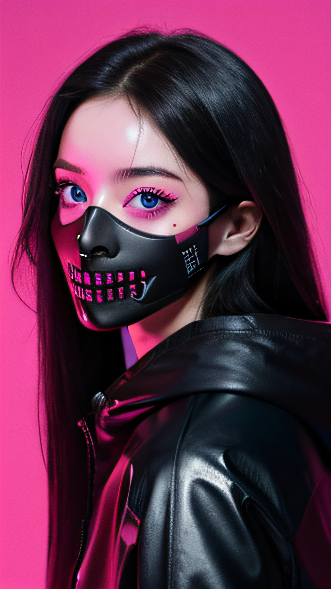 1girl in, Solo, Mask, Looking at Viewer, Long hair, skull, Upper body, Black hair, Mouth mask, Holding, Blue eyes, Long sleeves, hoods, Pink background, Skull retention, half tone, cables,neon light,(Cyberpunk:1.2),