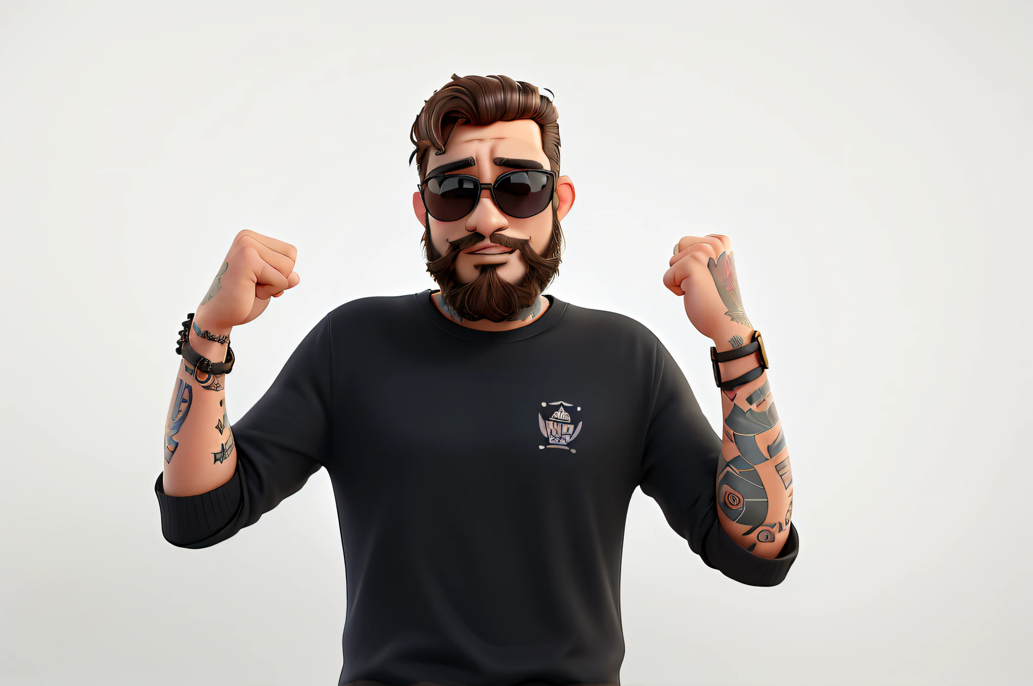 A singer in a rock band who has a beard and tattoos and wears sunglasses