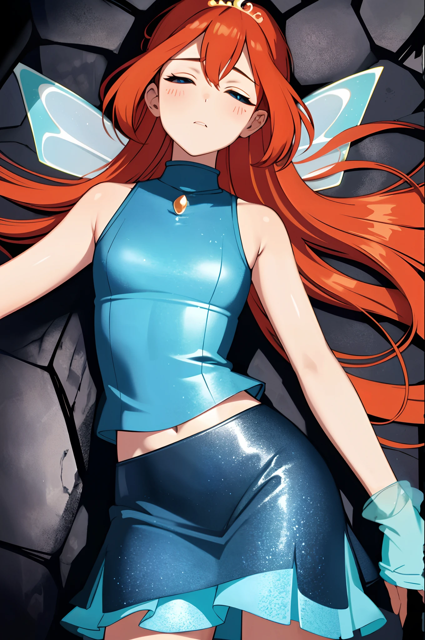 Bloom is lovingly languid on the ground, losing a tough battle in a dark cave. Bloom can't move from her prone position and unable to breath or open her eyes. (Bloom), (orange hair, blue eyes, bangs, long hair), (fairy outfit), (blue croptop, sleeveless, midriff, short blue skirt, sparkling clothing, fairy wings, tiara, languid on the cave ground), (Bloom languid, prone defeated:1.5) (black background, cave walls, spider webs:1.3), (anime style:1.4), (masterpiece:1.2), (Bloom prone on the ground:1.4), (full-body-shot:1),(Cowboy-shot:1.2), torch lighting, dark oppressive lighting, (highly detailed:1.2), (detailed face:1.2), (gradients), closed, shut eyes, head on the ground, shallow breathing , (detailed landscape:1.2), (natural lighting:1.2), (dynamic passed out pose:1.2), (solo, one person, 1girl:1.5),