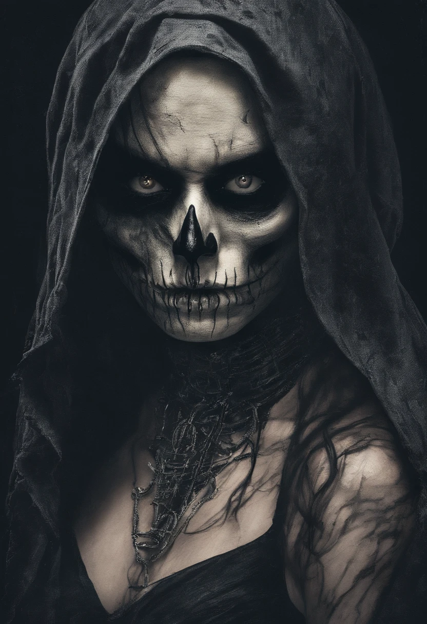 Uma personagem femina com uma mascara de caveira