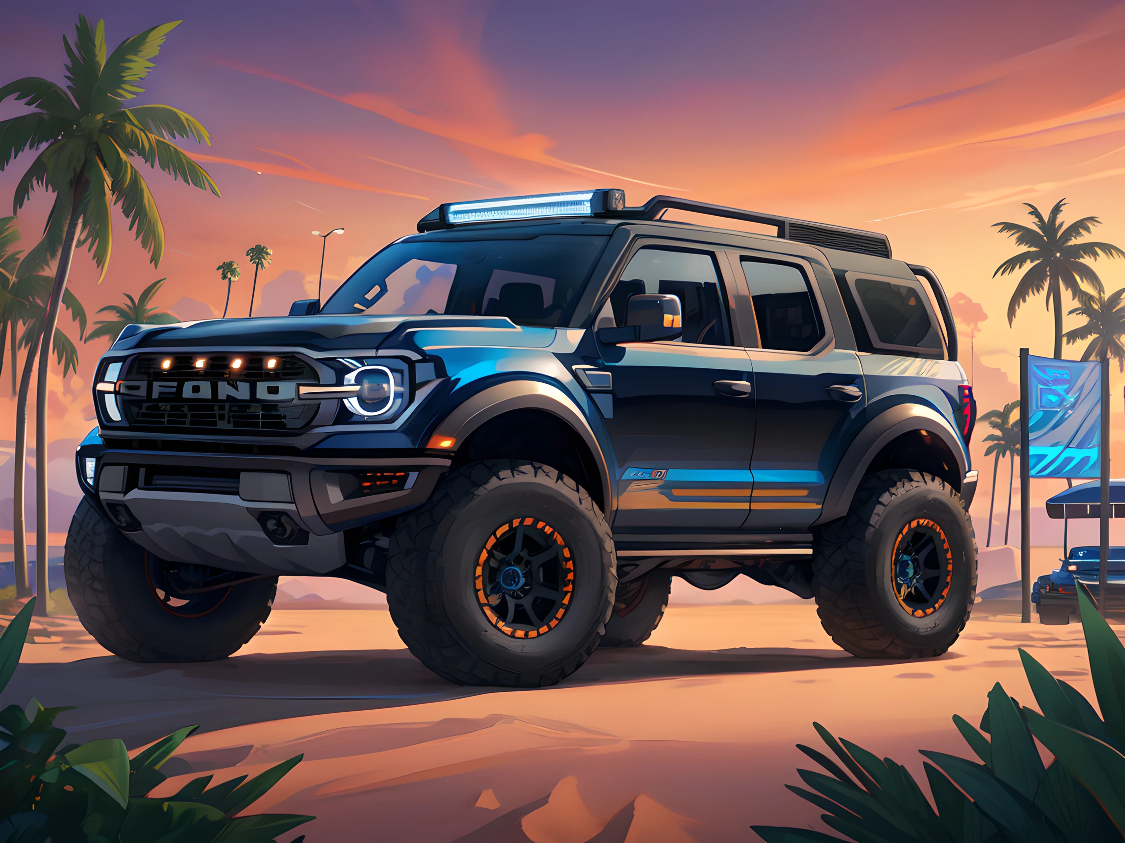 a close-up of a jacked black Ford Bronco Raptor 2023  truck with orange rims parked on a white sand beach, colorfull miami background with palm trees,   adventure hyper realistic render, a retropunk naturewave defender, hd wallpaper, HQ 4k wallpaper, off-road, new vehicle, wallpaper 4 k, wallpaper 4k, high quality wallpaper, high contrast ,8 k high detail concept art, trending on vehicle design, in the art style of filip hodas