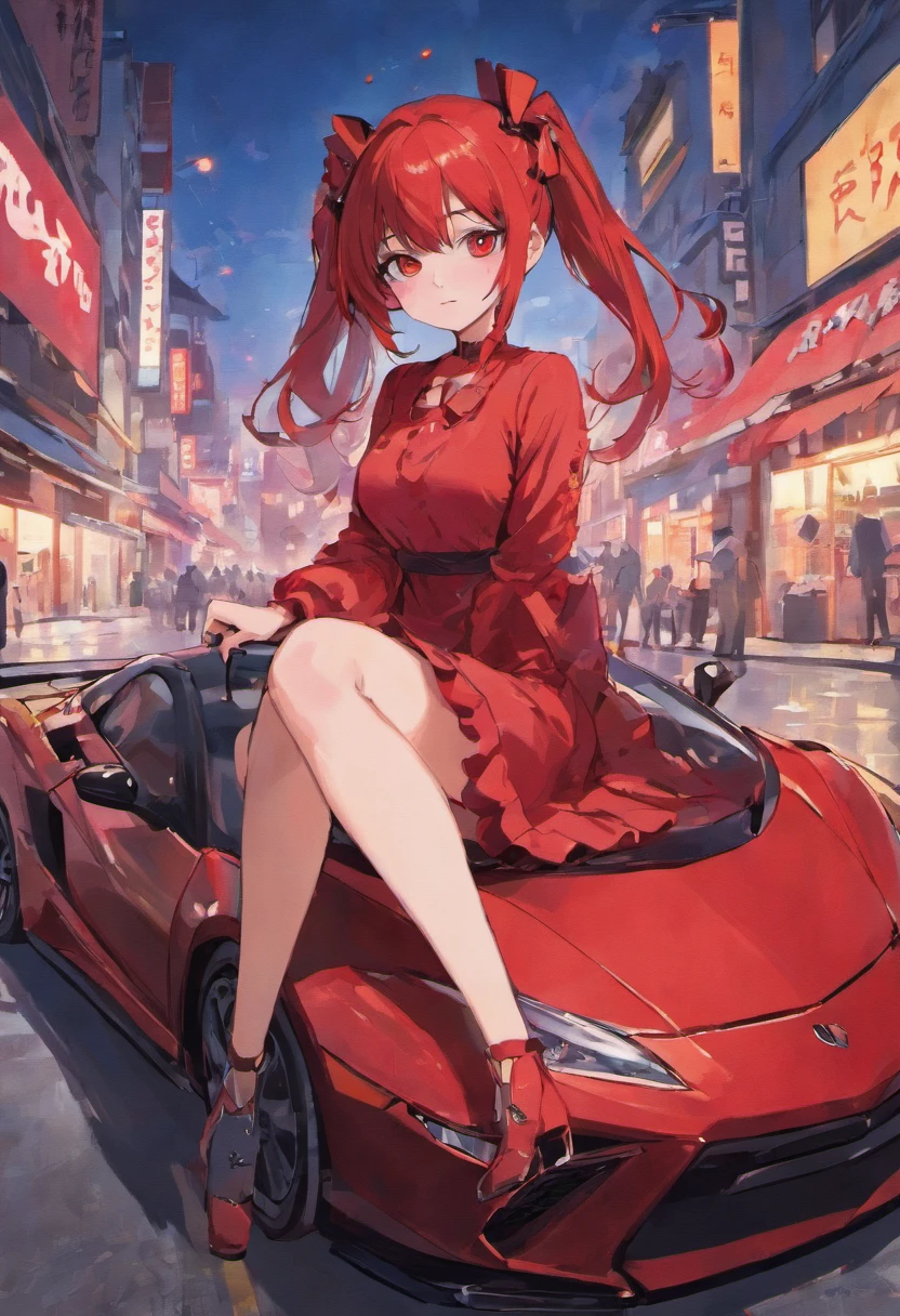 Red haired, twin tail anime girl with red eyes and red dress sitting on top of a red Honda NSX in the middle of the street