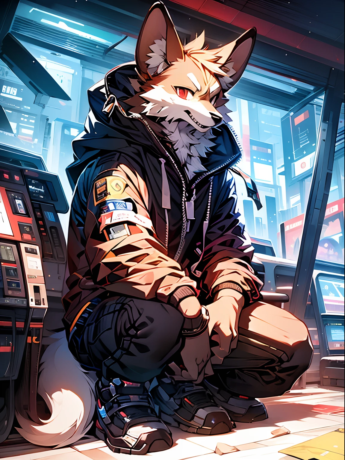 tmasterpiece,hight resolution,8K,high quarity,BREAK,BREAK,(medium build,Black fur,Red pupils,Bright yellow coat,)) coyote, Broken, mascular, male people, human - shaped,Bright yellow sweatshirt,hoods,(Cyberpunk style,城市,mechanised),独奏