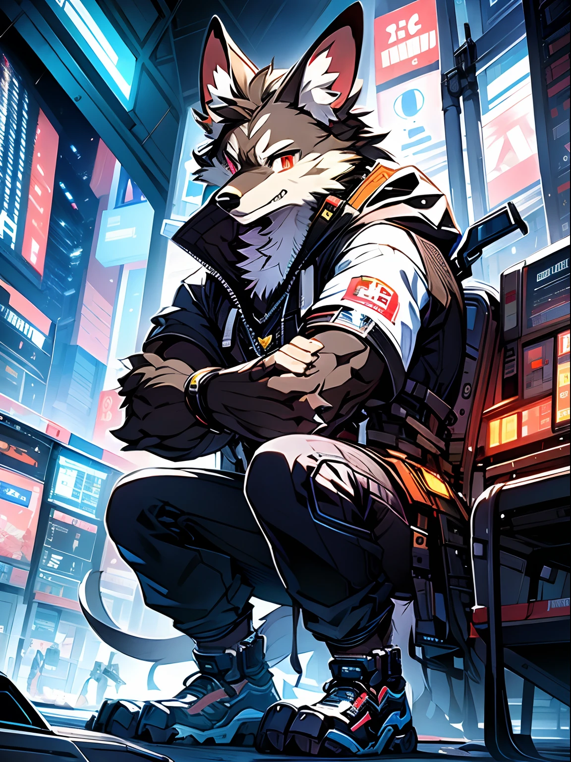 tmasterpiece，hight resolution，8K，high quarity，BREAK，BREAK，（medium build，Black fur，Red pupils，Bright yellow coat，）） coyote， Broken， mascular， male people， human - shaped，Bright yellow sweatshirt，hoods，(Cyberpunk style，城市，mechanised)，独奏