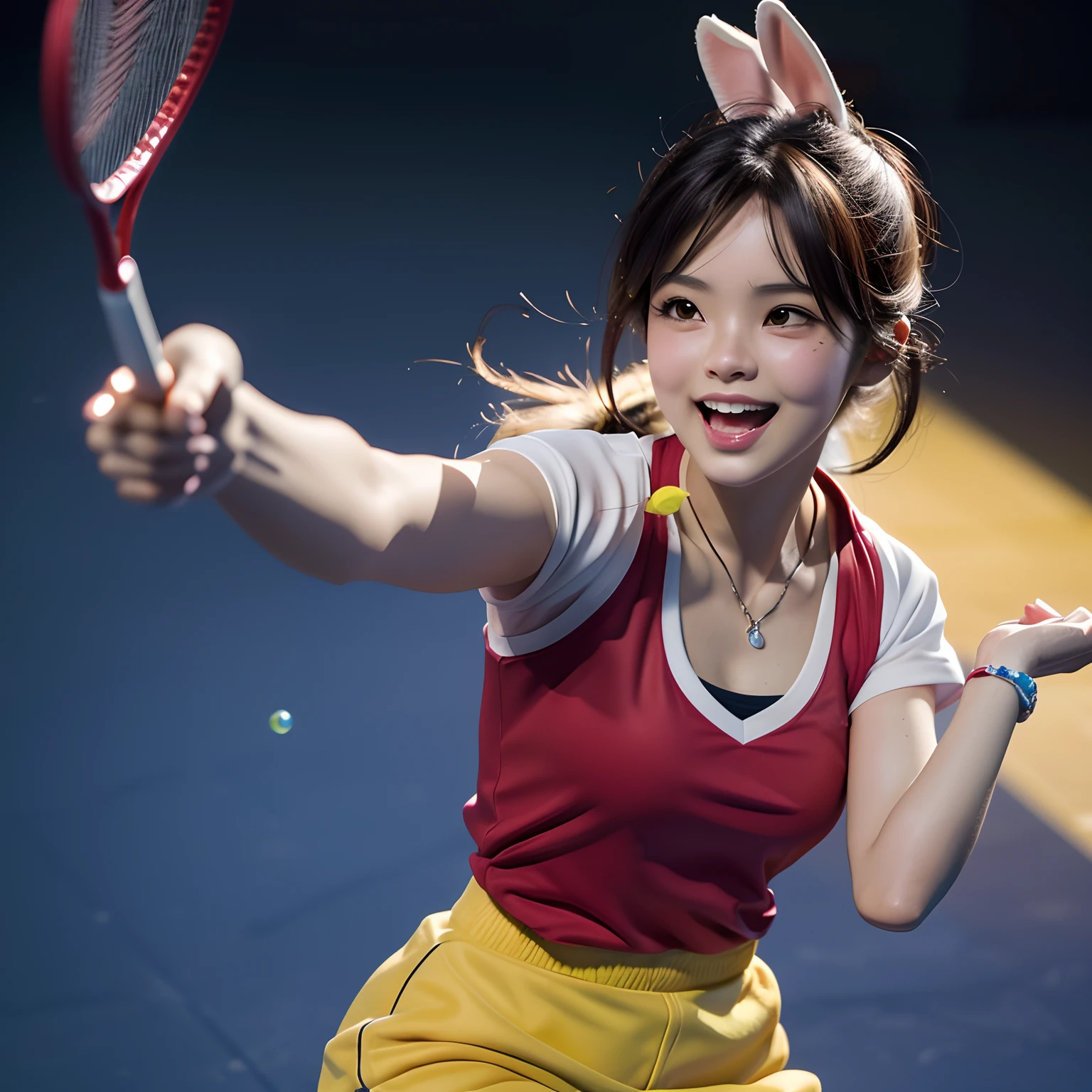 (Two rabbits playing badminton）, （Play badminton：1.1），Badminton,  Moe rabbit  [ Realistic photo ]!!, (Inspired by: Lin Dan played) ，red blouse, yellow sneakers, Yonex, Laughing happily, Background:: Arena, Badminton Arena,Photography,close up photograph,concept art of character,Clear facial features,Pixar style,Cartoon style,Caricature,Masterpiece,Matte painting,Cartoon,anime big breast,Manga,modern, Tilt-Shift,full bodyesbian,Bottom view,Mood lighting, --Original style --Glass， maxim sukharev, Cuteness, ，C4D, , High quality wallpaper,