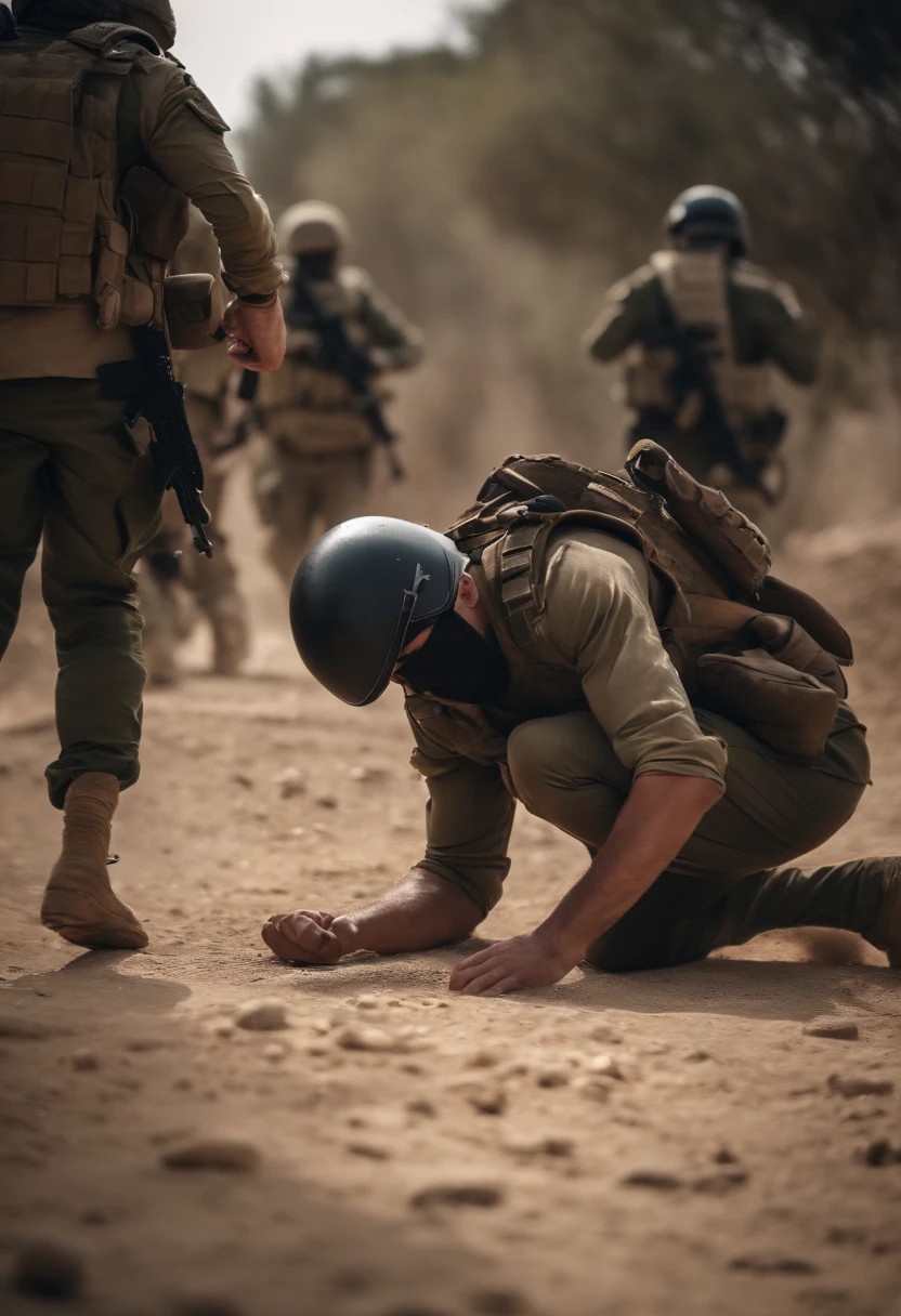 A masked Palestinian fighter stomps on the head of an Israeli soldier lying on the ground