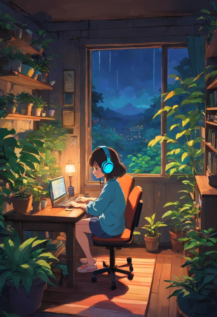 Girl listening to music in cozy room at night, Use headphones, 2D style anime, lo fi, hard disk, dark environment, plants, coffee, rainy day, plants, homework,