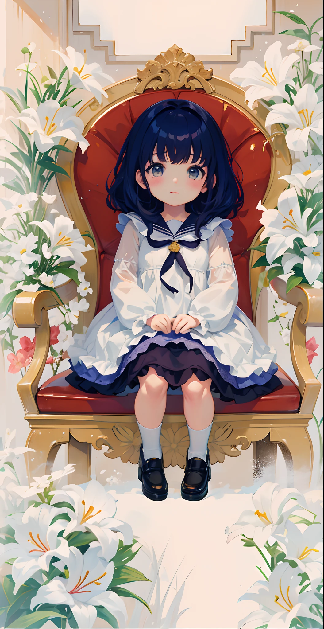 Menina anime sentada em uma cadeira com flores no fundo, visual anime de uma menina bonito, anime moe artstyle, menina pequena loli, capa de anime, small curvy loli, the anime girl is crouching, lolish, sentada em seu trono, meu vestido queridinho anime, Loli no vestido, lily frank, shoujo vintage