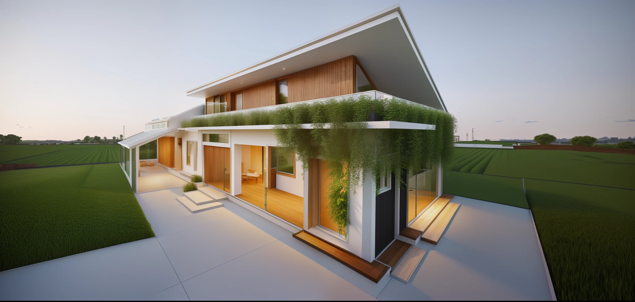 rendering of a small house with a green roof and a door, with 3d render, with 3 d render, perspective view, architectural concept, rendered 3d model, rendered image, sketch - up, rendered, frontview, pre-rendered, 3 d rendering, 3d rendering, a digital rendering, render, front perspective, conceptual rendering, building cover with plant,Modern style house exterior, level 4 with modern architecture, light wooden main door, wooden frame windows with glass, climbing plants on the roof, striped wooden ceiling, white painted curtain, wooden floor, agricultural landscape Grassy village, glass porch,