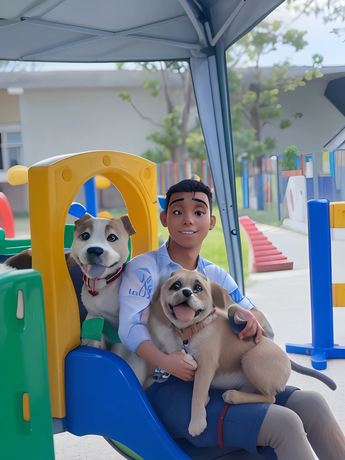 Jovem garoto com seus dois amigos cachorros no parque