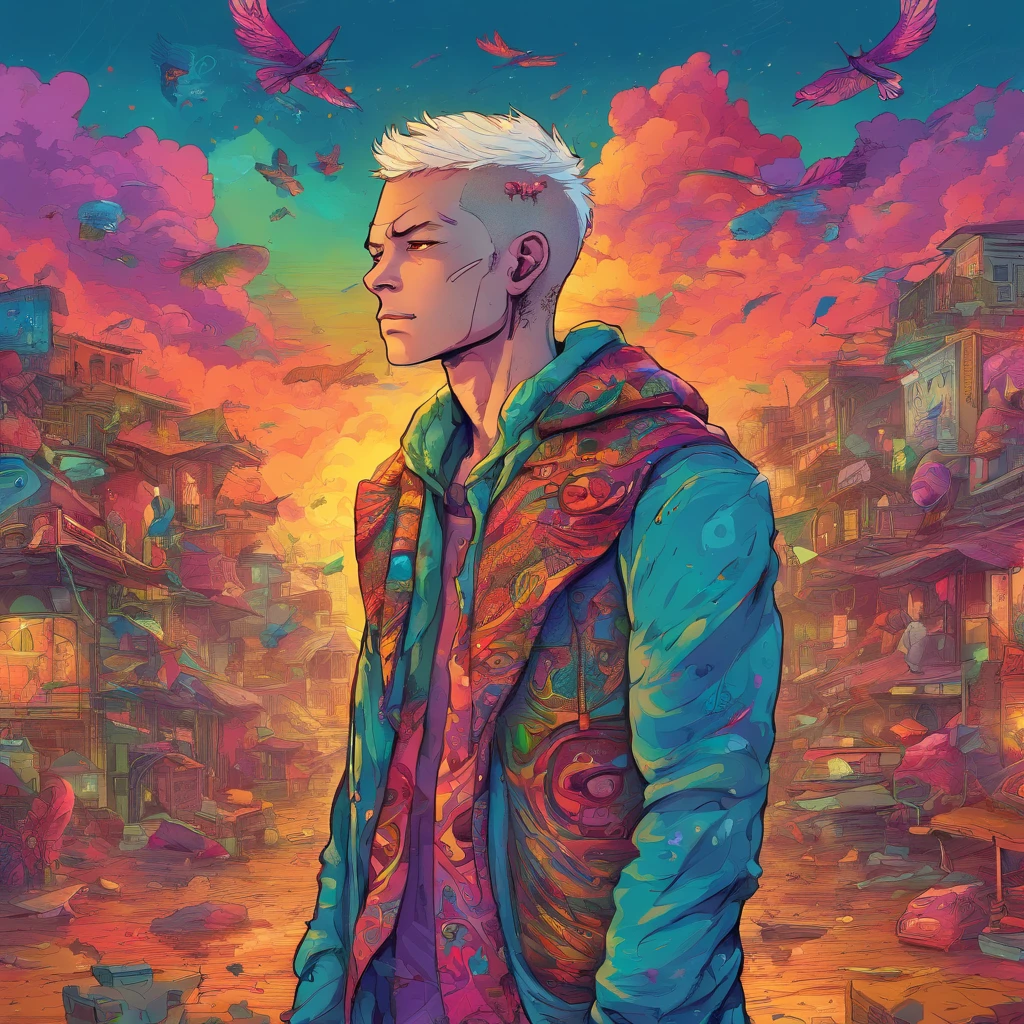 (best quality, highres, ultra-detailed), Masterpiece, full body, (reference: Razer from DC comics) a young man standing in a devastated town at sunset, white short hair, blue eyes, grayish skin with simple tribal tattoos in the face, tall male, shy,, tribal clothes, splash back jjjground, gritty, contour, neon color, 2d, vector, sticker, detailed