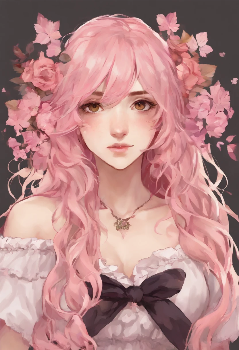 A young teenage girl with medium long pale pink hair (esponjoso), Great light brown color, mejillas coloradas usando una camiseta negra por dentro de una falda negra con rosa, calceitnes blancos, zapatos morados con guantes negros y una visera en la cabeza
