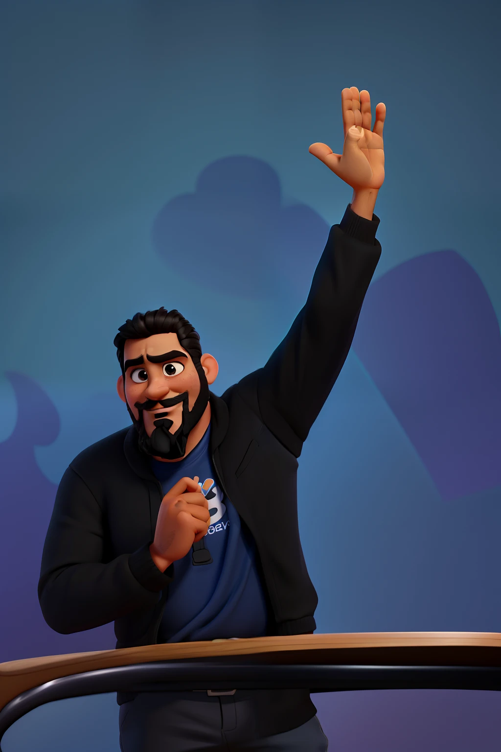 Poster no estilo Disney pixar, alta qualidade, melhor qualidade, homem moreno, 39 anos cabelo preto ,barba preta, bigode preto, peito musculoso, segurando um microfone com fio, 5 fingers on raised hand