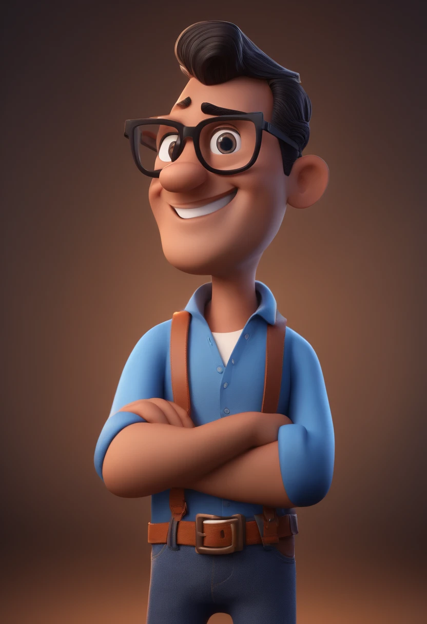 Cartoon character of a man with black glasses and a blue shirt, animation character, Caractere estilizado, animation style rendering, 3D estilizado, Arnold Maya render, 3 d render stylized, toon render keyshot, Personagem 3D, Personagem 3D, 3d rendering stylized, 3 d character render, personagem de desenho animado, Personagem de close up, Pose de personagem,  (Estilo Pixar) (master part:1.2) (Bokeh) (best quality) (pele detalhada) (textura detalhada) (8k) (argila) (Cinematic lighting) (foco nítido