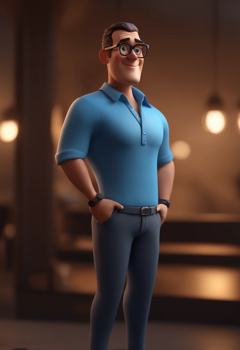 Cartoon character of a man with black glasses and a blue shirt, animation character, Caractere estilizado, animation style rendering, 3D estilizado, Arnold Maya render, 3 d render stylized, toon render keyshot, Personagem 3D, Personagem 3D, 3d rendering stylized, 3 d character render, personagem de desenho animado, Personagem de close up, Pose de personagem, (Estilo Pixar) (master part:1.2) (Bokeh) (best quality) (pele detalhada) (textura detalhada) (8k) (argila) (Cinematic lighting) (foco nítido