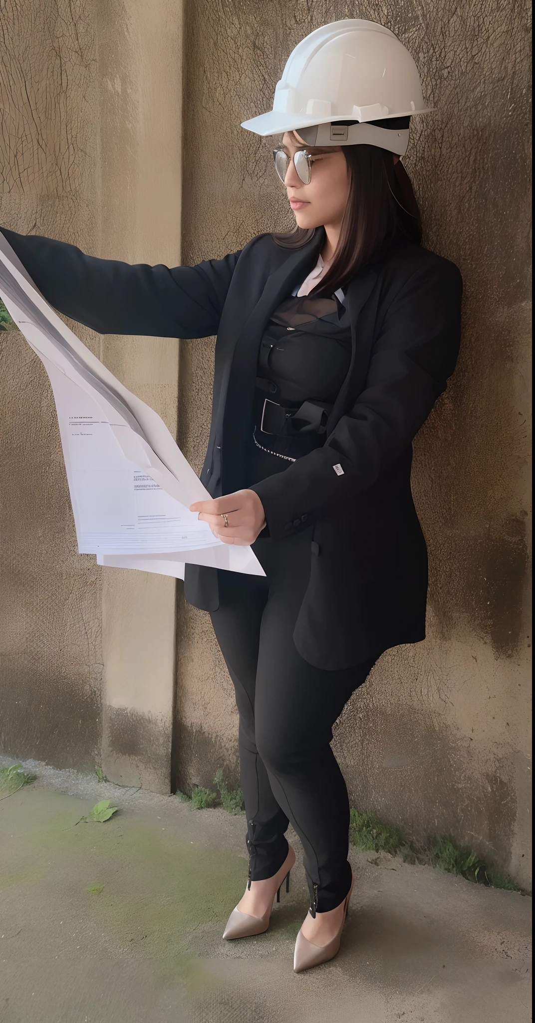 Woman in hard hat and glasses holding a paper, business outfit, Fotografia de uma mulher techwear, wearing a black catsuit, delivering mail, competition winning, woman in black business suit, em um terno, com notas, foto conceitual, photo shoot, usando roupas pretas apertadas, office clothes, meninarno, vestido todo de preto