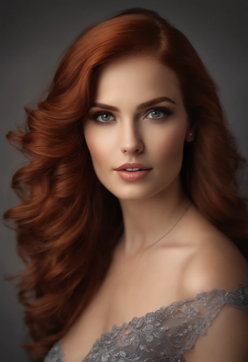 best quality, master part, (Realistic: 1.2), 1 girl, menina magra, red hair, olhos castanhos, frente, Rosto detalhado, Olhos bonitos, olhos castanhos, olhos grandes, seios pequenos, clivagem, vestido longo