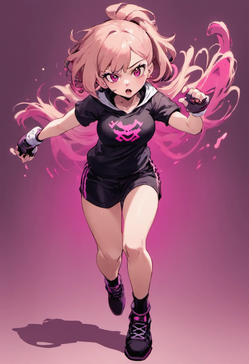 A young girl with medium long pale pink hair (esponjoso), Great light brown color, mejillas coloradas usando una camiseta negra por dentro de una falda negra con rosa, calceitnes blancos, zapatos morados con guantes negros y una visera en la cabeza