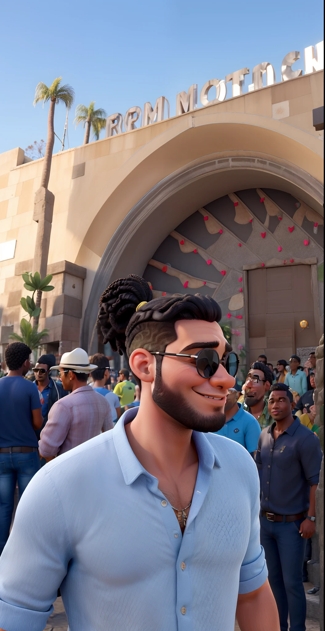 Obra-prima, de melhor qualidade, homem com pele morena, cabelo preto, round sunglasses, em um evento de rodeio