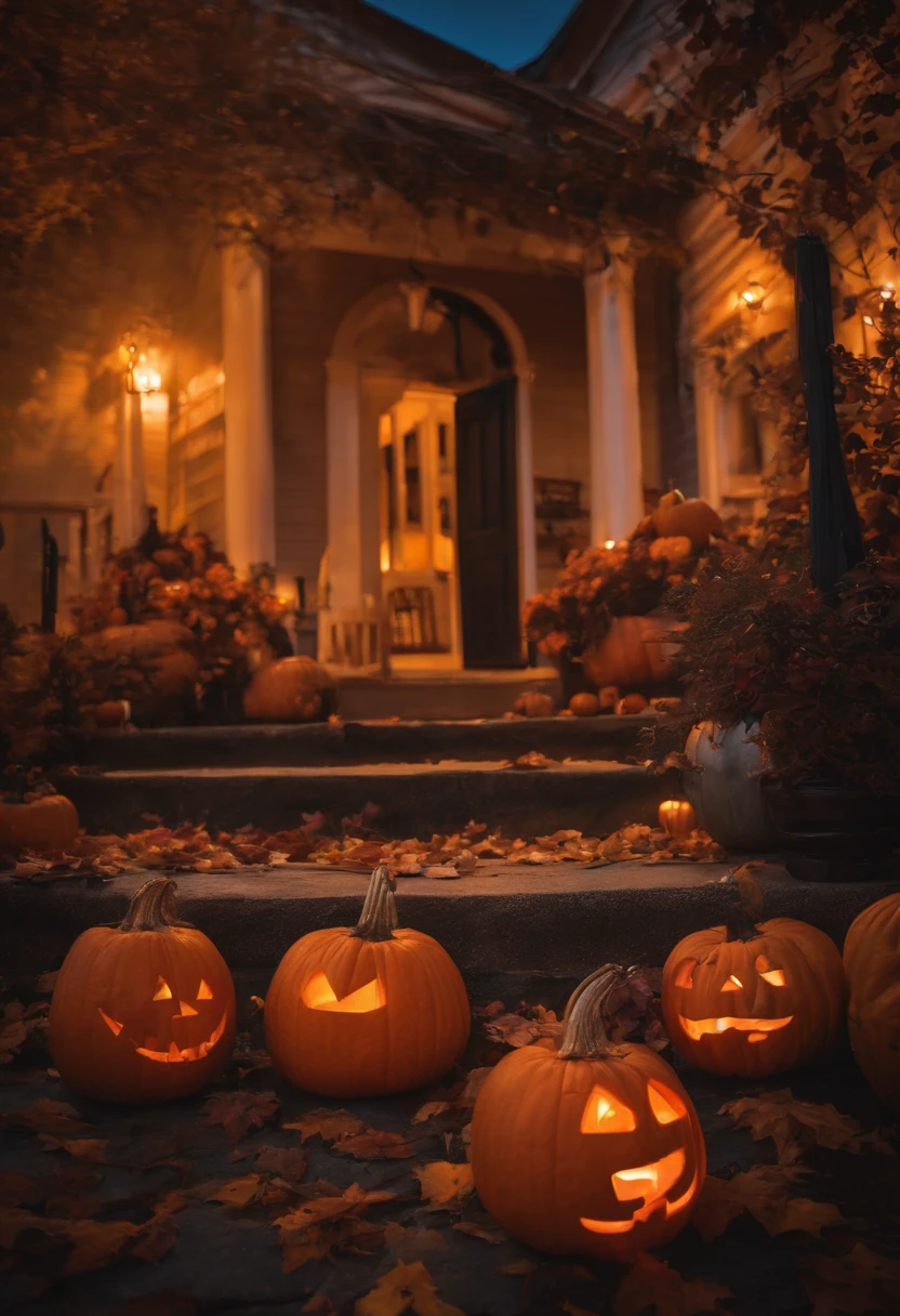 Generate a commercially appealing and highly detailed photo with a Halloween theme. The scene should feature a beautifully carved pumpkin with a glowing candle inside, placed on a rustic wooden porch. Surrounding the pumpkin are autumn leaves, small gourds, and a few scattered candy treats. In the background, a quaint house decorated with cobwebs, string lights, and other Halloween ornaments can be seen. The setting is at dusk, with the sky painted in deep oranges and purples, and a full moon rising, casting a soft, eerie glow over the scene. The overall atmosphere should be festive yet slightly spooky, capturing the essence of Halloween in a visually stunning and marketable way.
