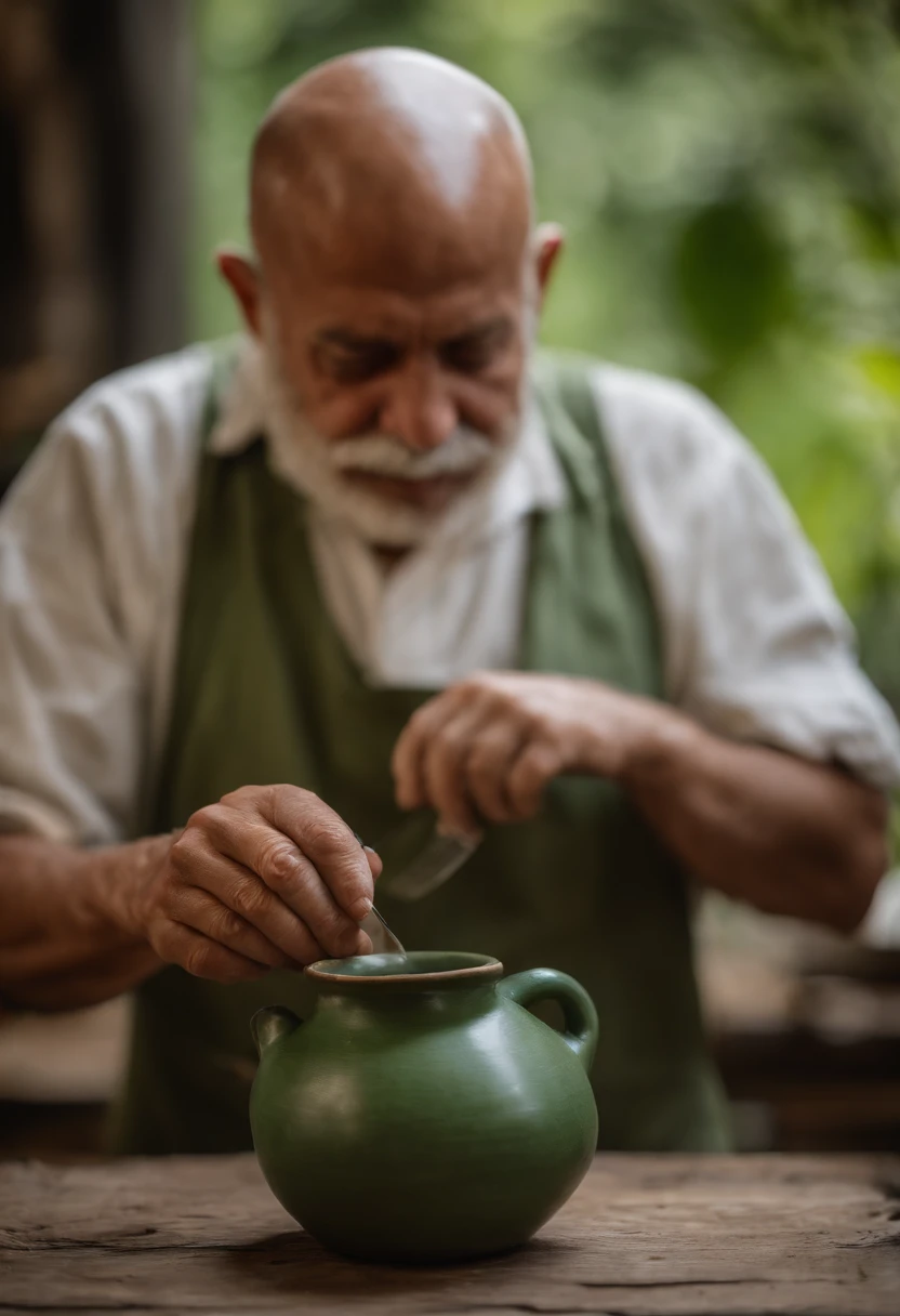 Retrato de um pai, com 55 anos, corpo bem atletico, ceramista, de avental verde, With clay in his hands. Seu rosto com barba estilo motoqueiro grisalha, bald head, sem cabelo. Trabalhando em um torno ceramico, Inside an atelier full of biomorphic sculptures, do seu lado uma linda mulher tambem ceramista, ela tem um rosto pequeno com queixo fino, orelhas pequenas, olhos amendoados, cabelos curtos ondulados grisalhos, usando apenas um avental verde, com as maos cheia de argila. Os dois trabalhando juntos e sorrindo olhando pra uma escultura que fizeram juntos.