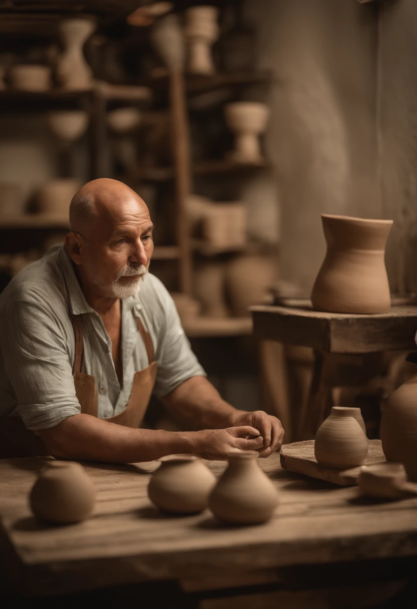 Retrato de um pai, com 55 anos, corpo bem atletico, ceramista, de avental verde, With clay in his hands. Seu rosto com barba estilo motoqueiro grisalha, bald head, sem cabelo. Trabalhando em um torno ceramico, Inside an atelier full of biomorphic sculptures, do seu lado uma linda mulher tambem ceramista, ela tem um rosto pequeno com queixo fino, orelhas pequenas, olhos amendoados, cabelos curtos ondulados grisalhos, usando apenas um avental verde, com as maos cheia de argila. Os dois trabalhando juntos e sorrindo olhando pra uma escultura que fizeram juntos.