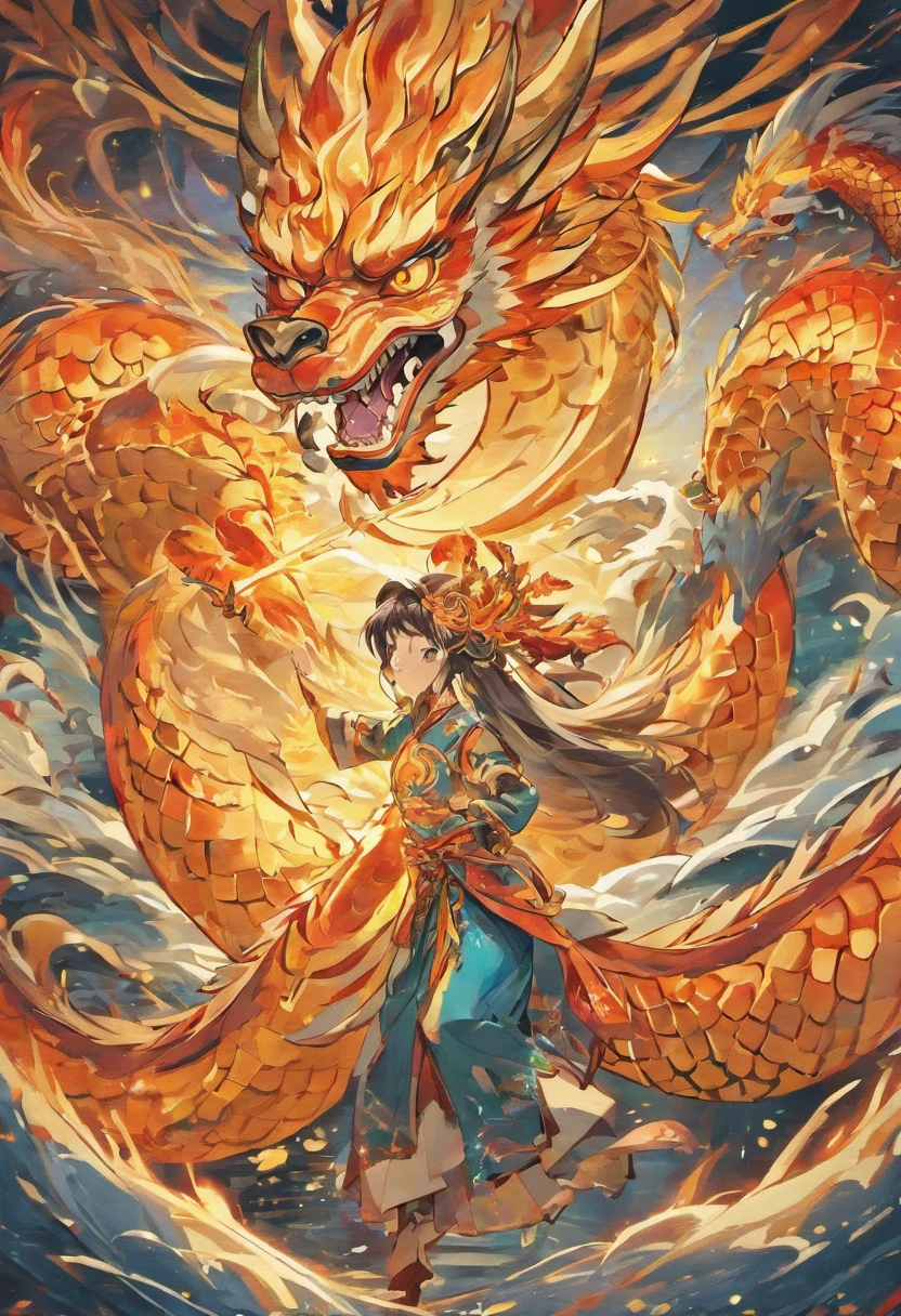 ((masterpiece)) Envision a vibrant Lunar New Year celebration at night, under the glow of a full moon. An intricately detailed dragon,1dragon, singular dragon adorned with emerald and golden scales, soars majestically above in the night sky. The scene is alive with men and women dressed in traditional attire for a Chinese New Year celebration, and the streets are surrounded by a sea of traditional Chinese lanterns, lighting up the night sky. <lora:xl_shuimo:0.8> ink wash painting <lora:å½é£æç»SDXL:0.8> guofeng, chinese style (( Vibrant colors, high saturation, high contrast, extremely meticulously detailed )) <lora:AdvancedEnhancerXLv2:0.6> cinematic, cinematic shot, cinematic lighting <lora:extremely_detailed:0.6> extremely detailed